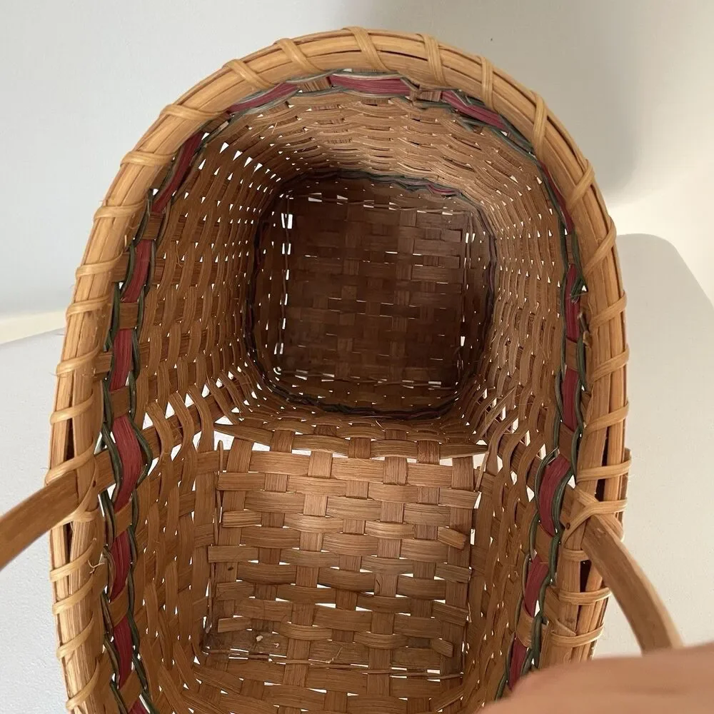 Vintage Rustic Country Woven Stair Basket Cottagecore Tan Red Green 13' x 14'